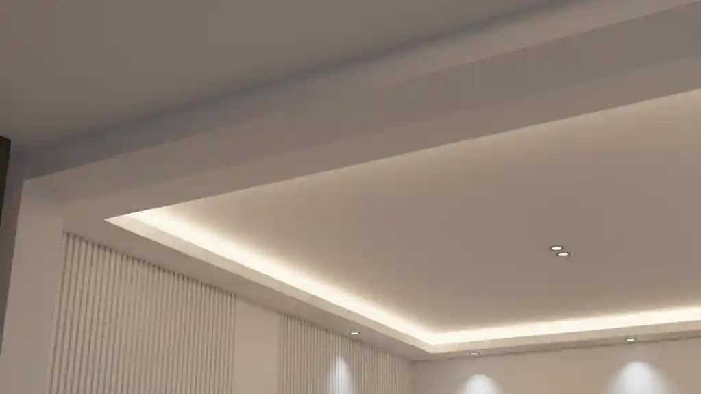 LED light cove mouldings installed along ceiling perimeter emitting soft indirect lighting, showcasing modern architectural design by Everest Mouldings, Made in Canada.
