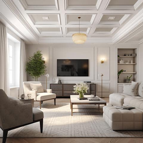 Coffered Ceiling: A stunning architectural feature with recessed panels and intricate detailing, adding depth and elegance to the room's ceiling.