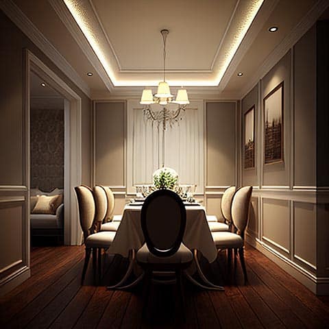 Cove Lighting: Soft, indirect illumination emitted from discreet recesses along the upper edges of walls or ceilings, creating a warm and inviting ambiance in the space.